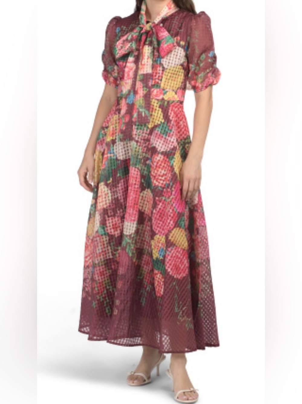 Dalia MacPhee Floral Tie-Neck Maxi Dress Balloon Sleeve Cottagecore NWT Medium - Picture 2 of 11